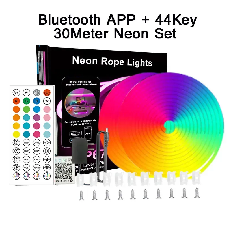 Bande LED néon RGB 24 V à contrôle Bluetooth avec synchronisation musicale, télécommande et kit d'alimentation inclus, étanche, 60 LED 7