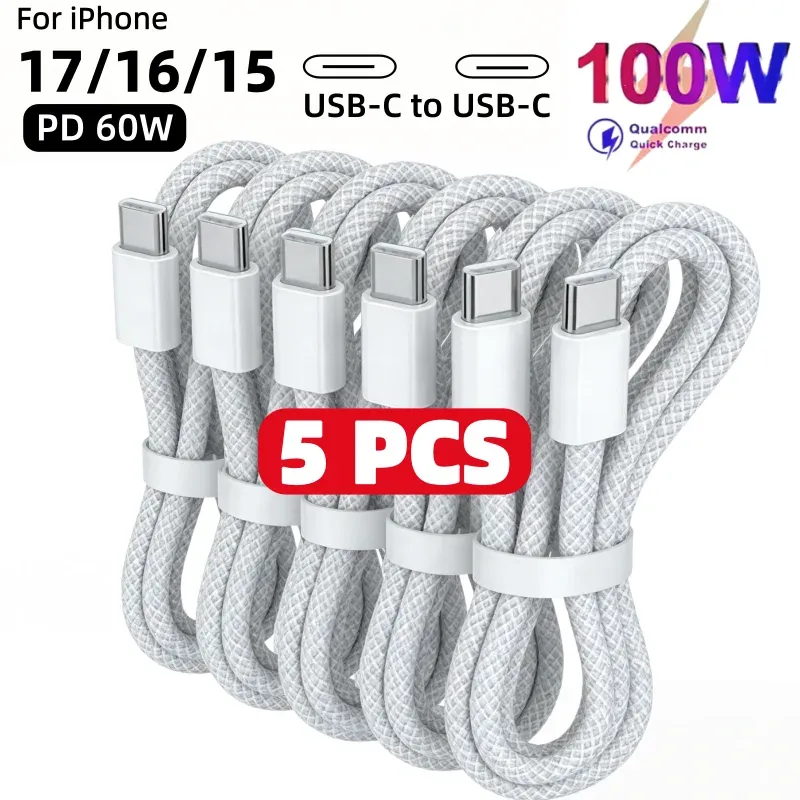 Lot de 5 câbles USB-C vers USB-C 100 W à charge rapide, compatibles iPhone 15, 16 et 17, Samsung, Xiaomi et Huawei