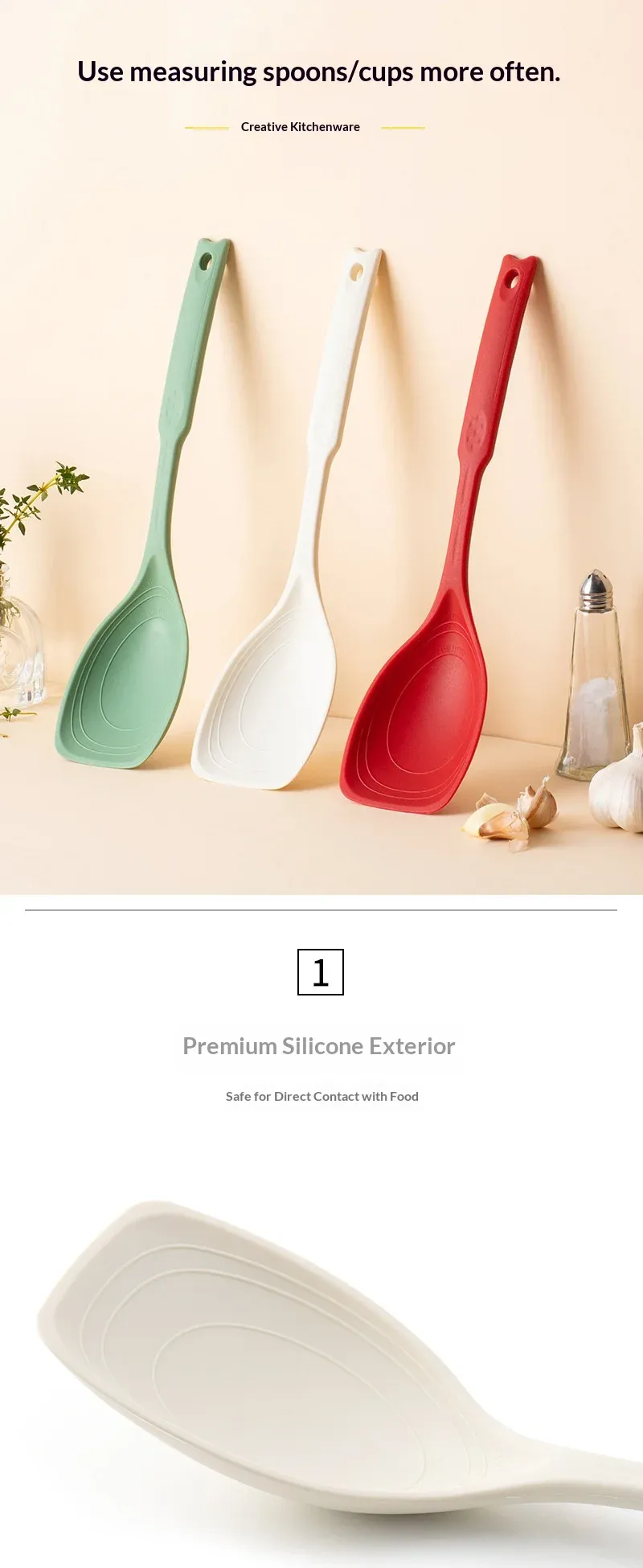 Spatule et cuillère en silicone 2 en 1, vue détaillée