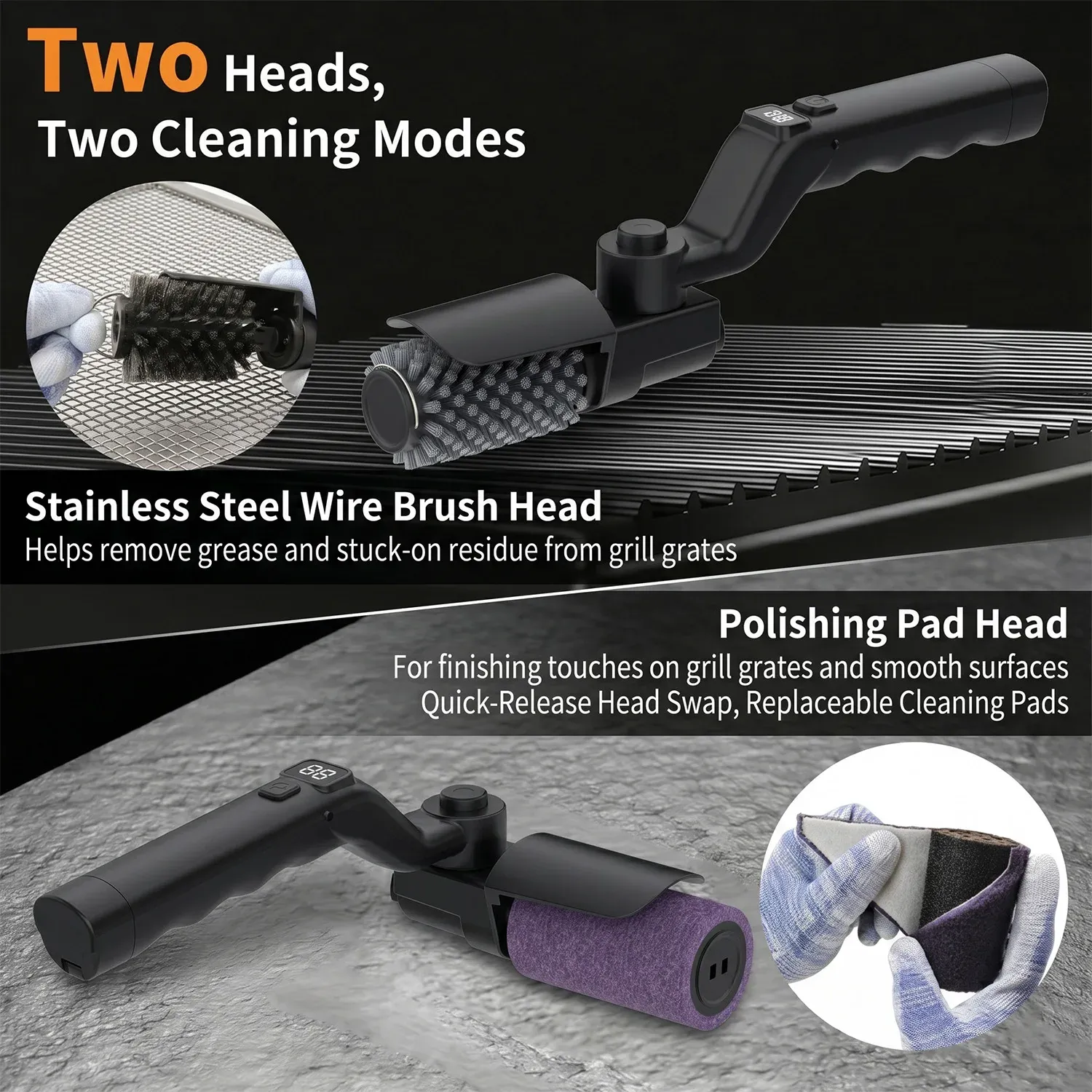 Brosse de nettoyage électrique pour barbecue rechargeable sans fil avec tête en acier inoxydable 3