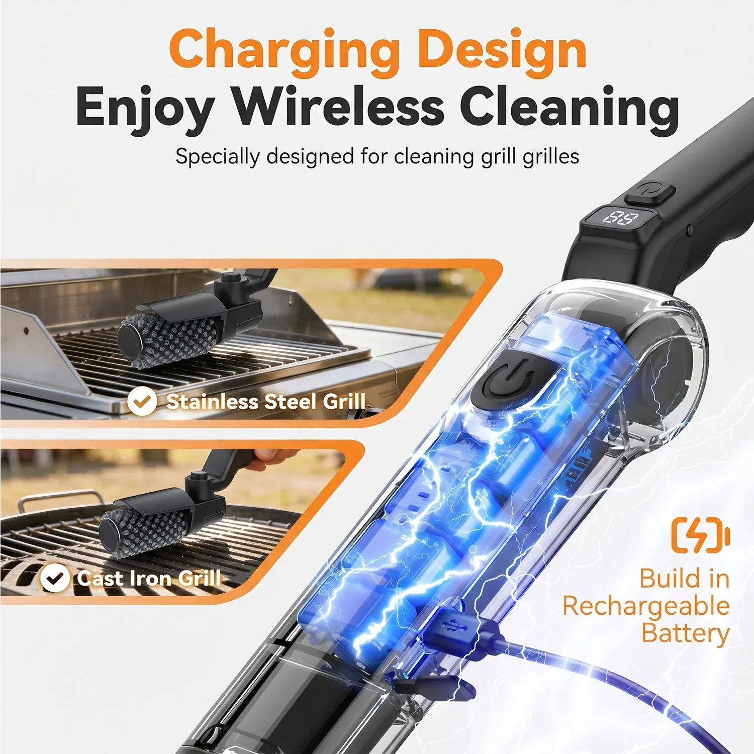 Brosse de nettoyage électrique pour barbecue rechargeable sans fil avec tête en acier inoxydable 4