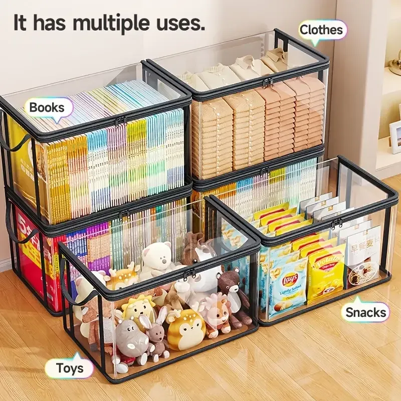 Boîte de rangement transparente en PVC avec couvercle rabattable et fenêtre de visualisation, organisateur multi-usage pour jouets, loisirs créatifs et fournitures 4