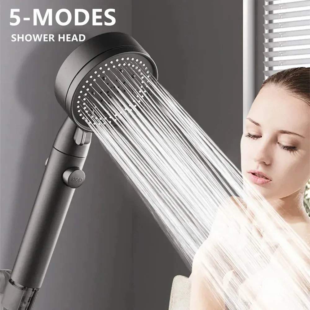 Pommeau de douche haute pression à 5 modes avec flexible, économie d'eau et fonction d'arrêt