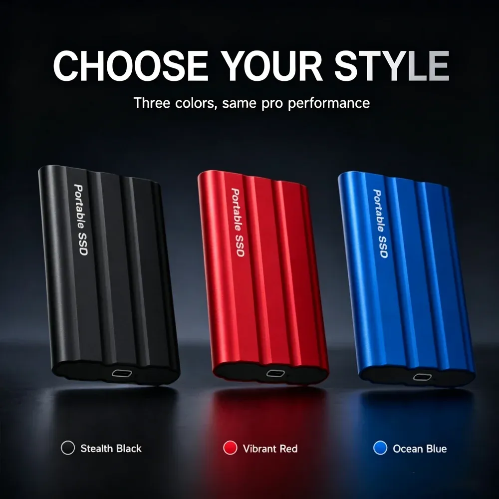 Disque SSD portable posé avec son câble de connexion