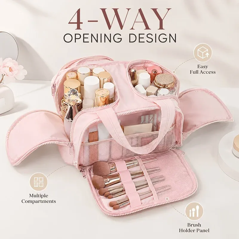 Trousse de maquillage de voyage grande capacité avec poignée, organisateur multi-compartiments pour cosmétiques