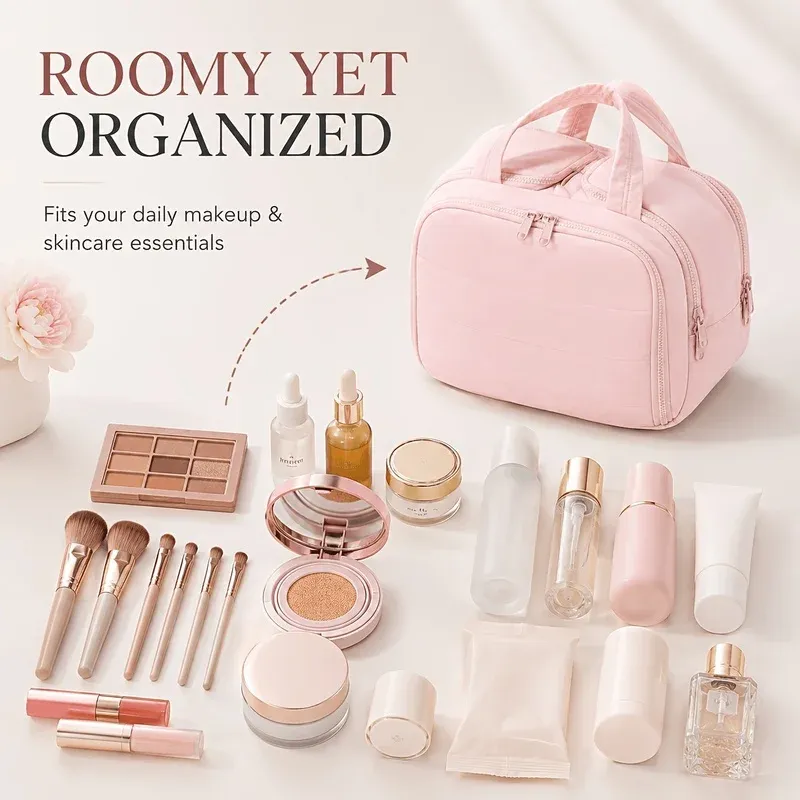 Trousse de maquillage de voyage grande capacité avec poignée, organisateur multi-compartiments pour cosmétiques 2