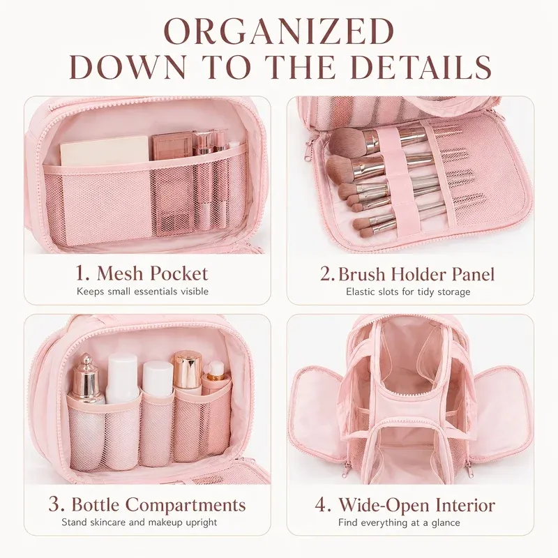 Trousse de maquillage de voyage grande capacité avec poignée, organisateur multi-compartiments pour cosmétiques 4