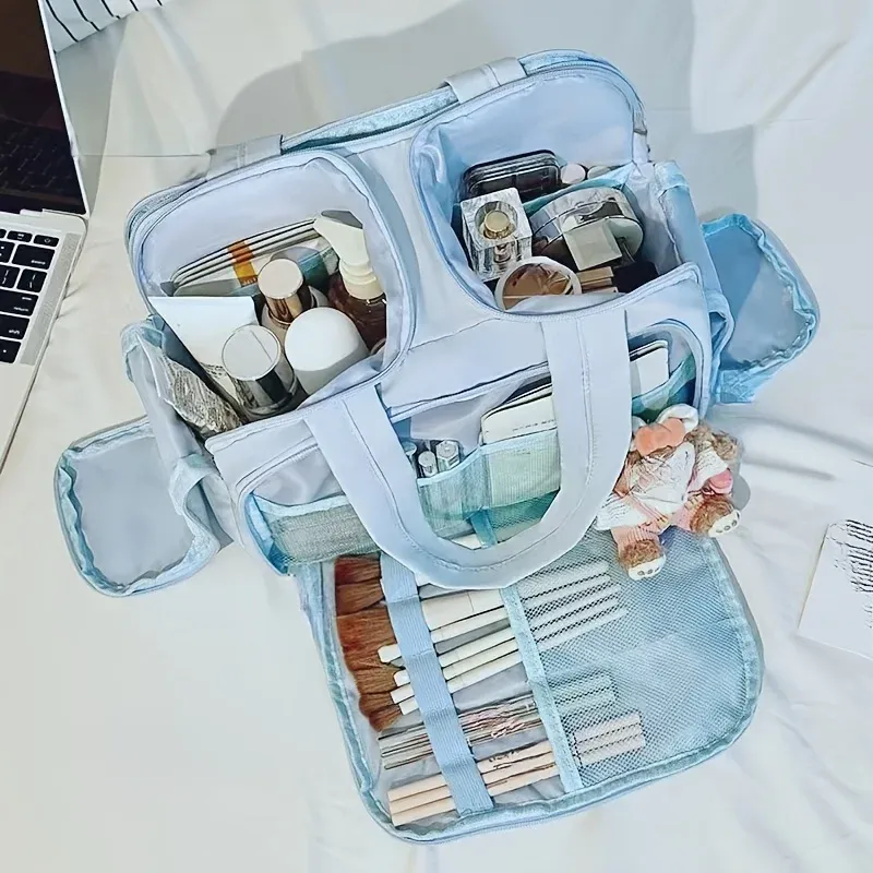 Trousse de maquillage de voyage grande capacité avec poignée, organisateur multi-compartiments pour cosmétiques 7