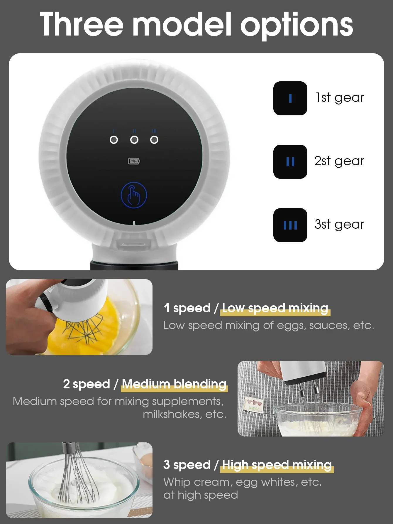 Batteur à main électrique sans fil rechargeable par USB, 3 vitesses, avec 2 fouets 4