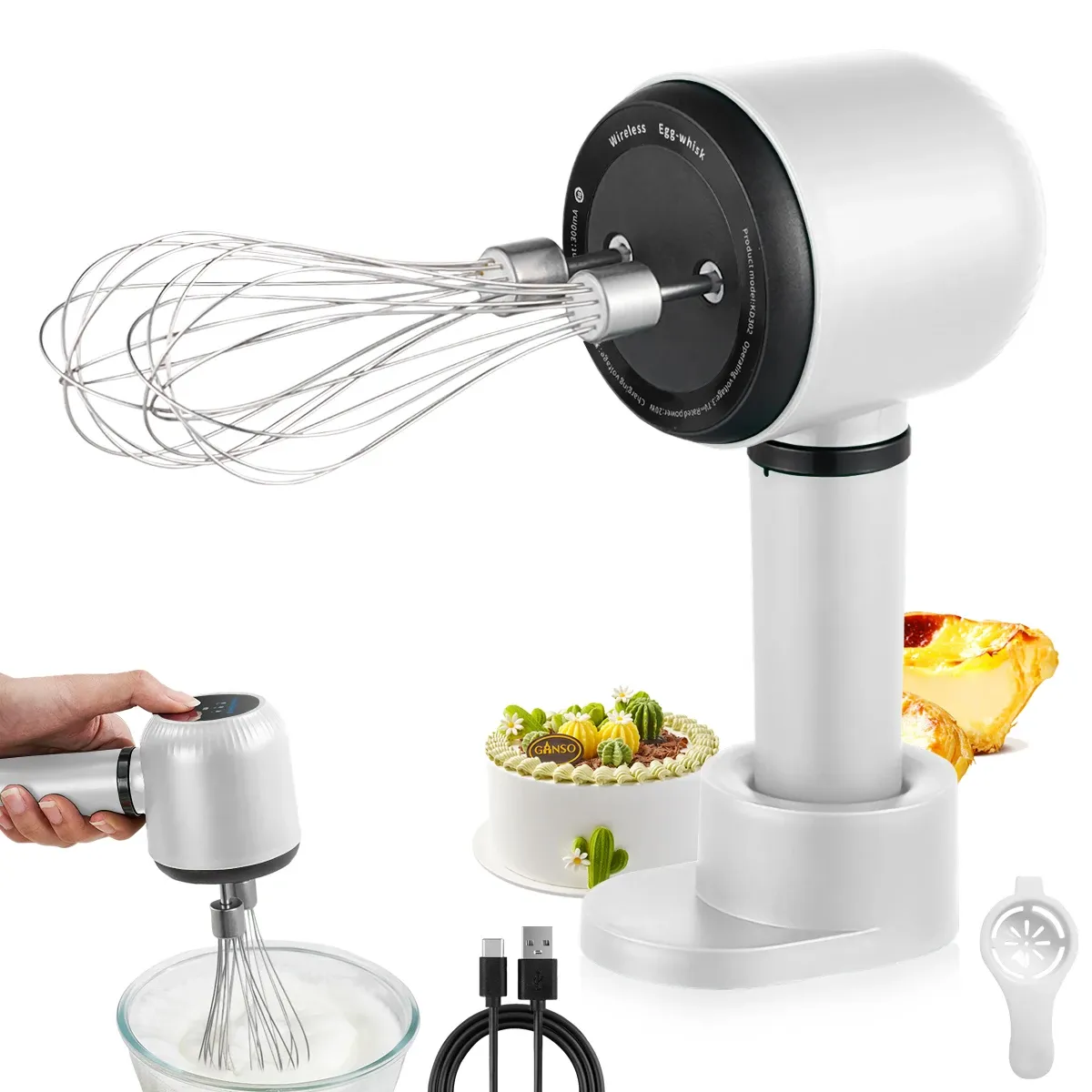 Batteur à main électrique sans fil rechargeable par USB, 3 vitesses, avec 2 fouets 8