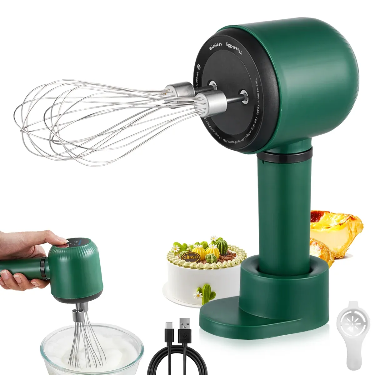 Batteur à main électrique sans fil rechargeable par USB, 3 vitesses, avec 2 fouets 7