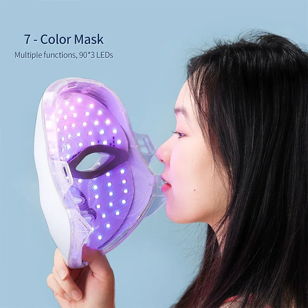 Appareil de soin LED pour le visage et le cou à 7 couleurs, masque photonique et masseur de peau 4