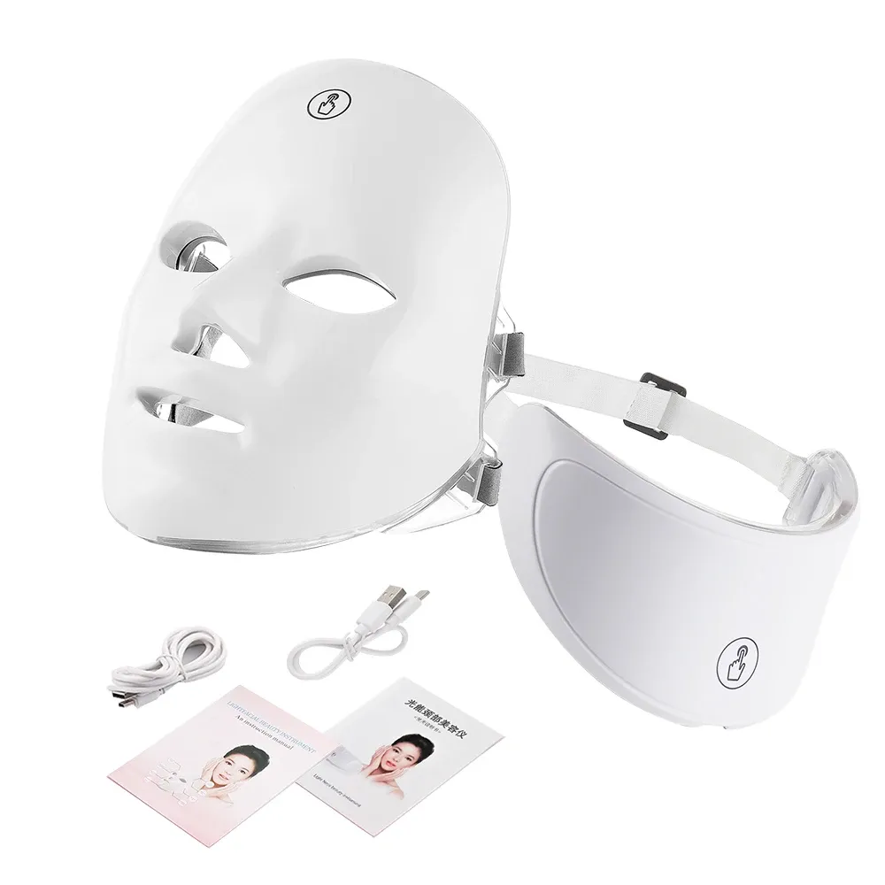 Appareil de soin LED pour le visage et le cou à 7 couleurs, masque photonique et masseur de peau 8