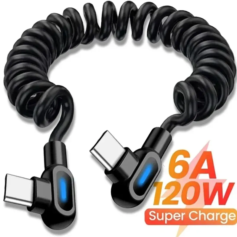 Câble USB-C 120 W 6 A à charge rapide, coudé et extensible à ressort, compatible iPhone, Samsung, Xiaomi et Huawei