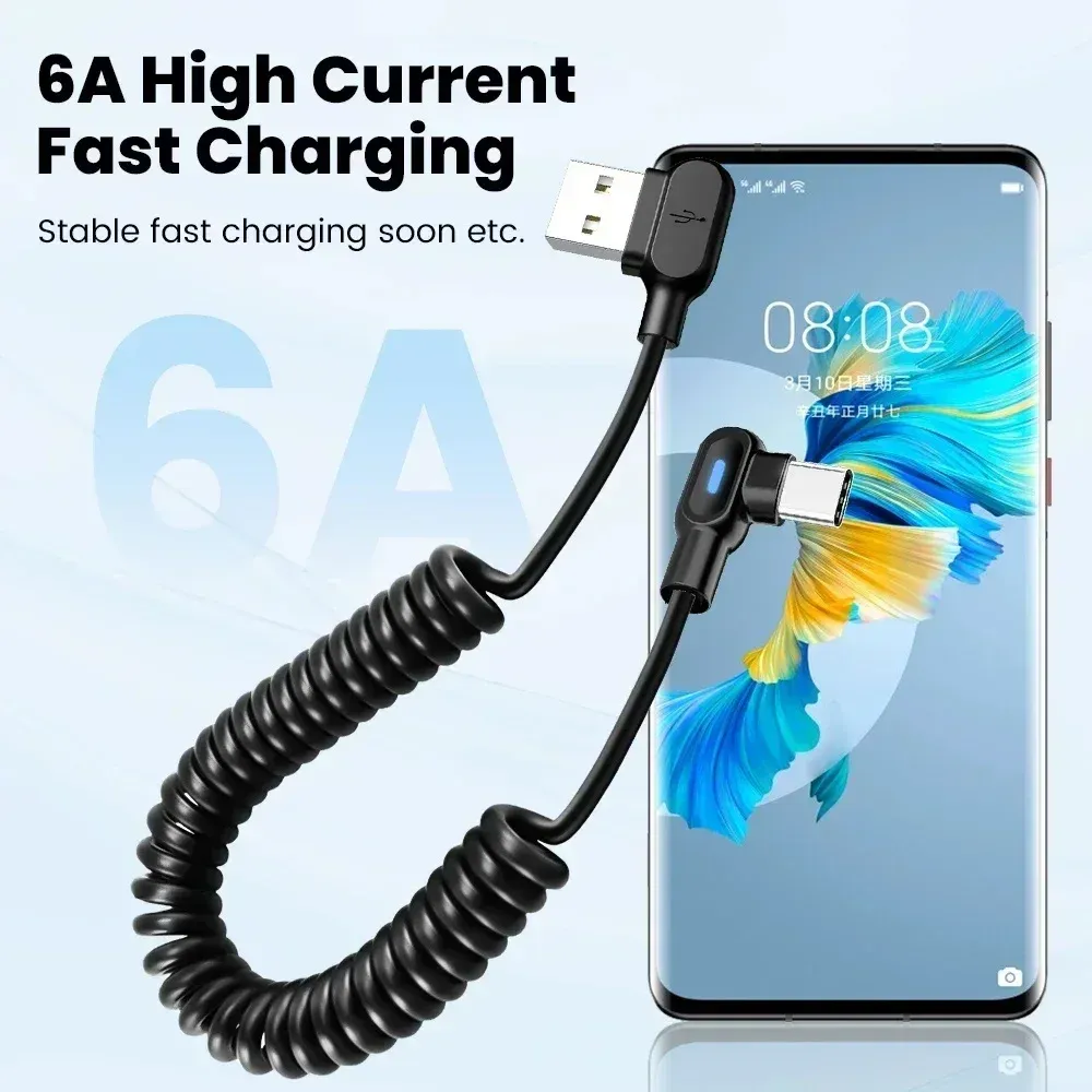 Câble USB-C 120 W 6 A à charge rapide, coudé et extensible à ressort, compatible iPhone, Samsung, Xiaomi et Huawei 2