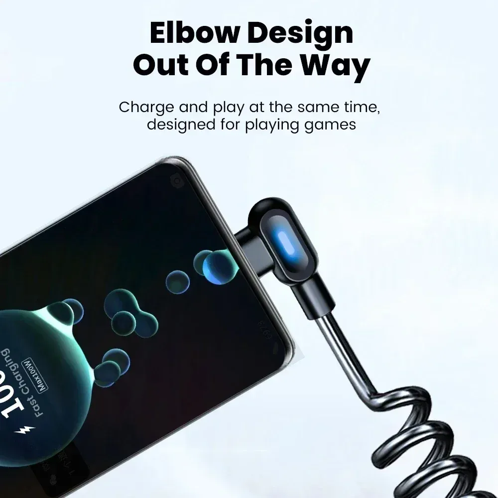 Câble USB-C 120 W 6 A à charge rapide, coudé et extensible à ressort, compatible iPhone, Samsung, Xiaomi et Huawei 4