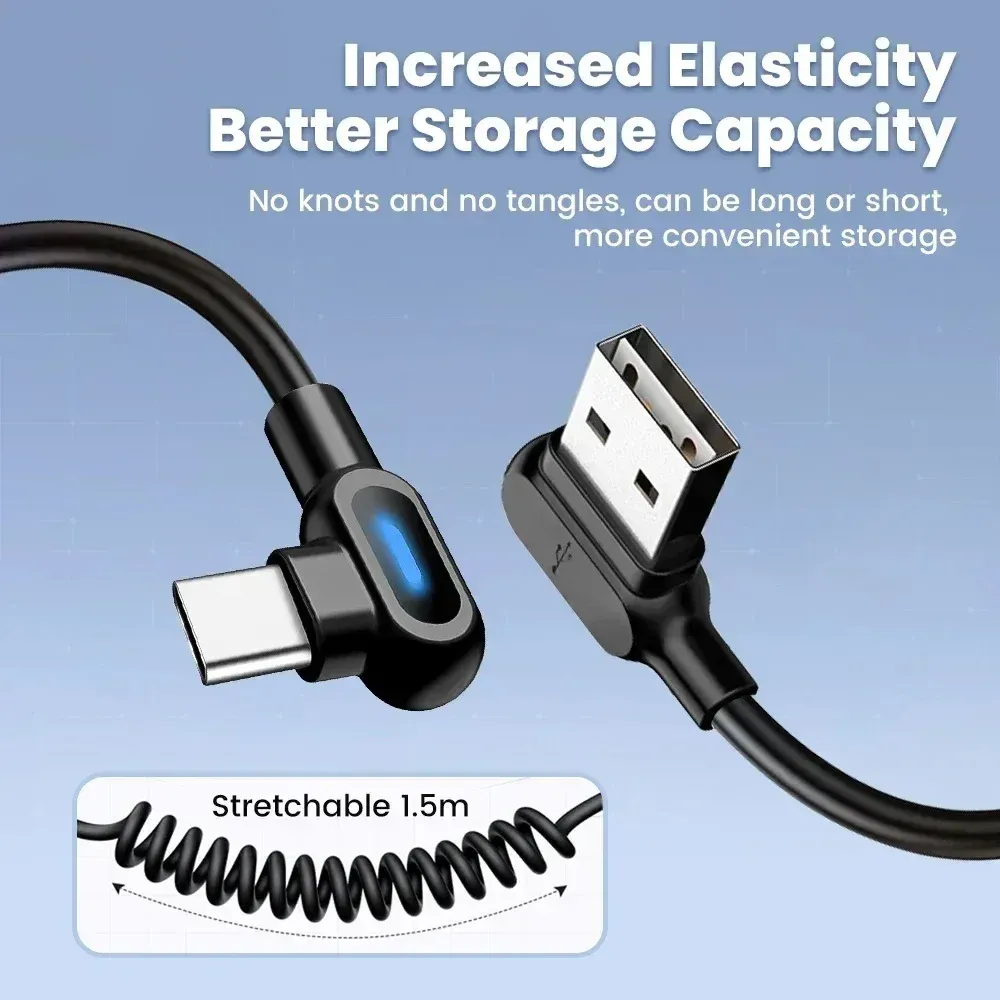 Câble USB-C 120 W 6 A à charge rapide, coudé et extensible à ressort, compatible iPhone, Samsung, Xiaomi et Huawei 5