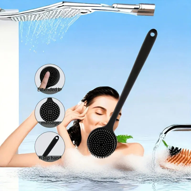 Brosse de bain en silicone à long manche, double face, extensible, brosse de massage et gratte-dos pour hommes et femmes 2