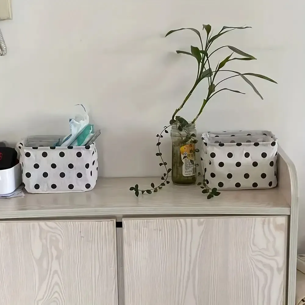 Petit panier de rangement pliable en toile avec poignée, boîte de bureau en coton et lin 5