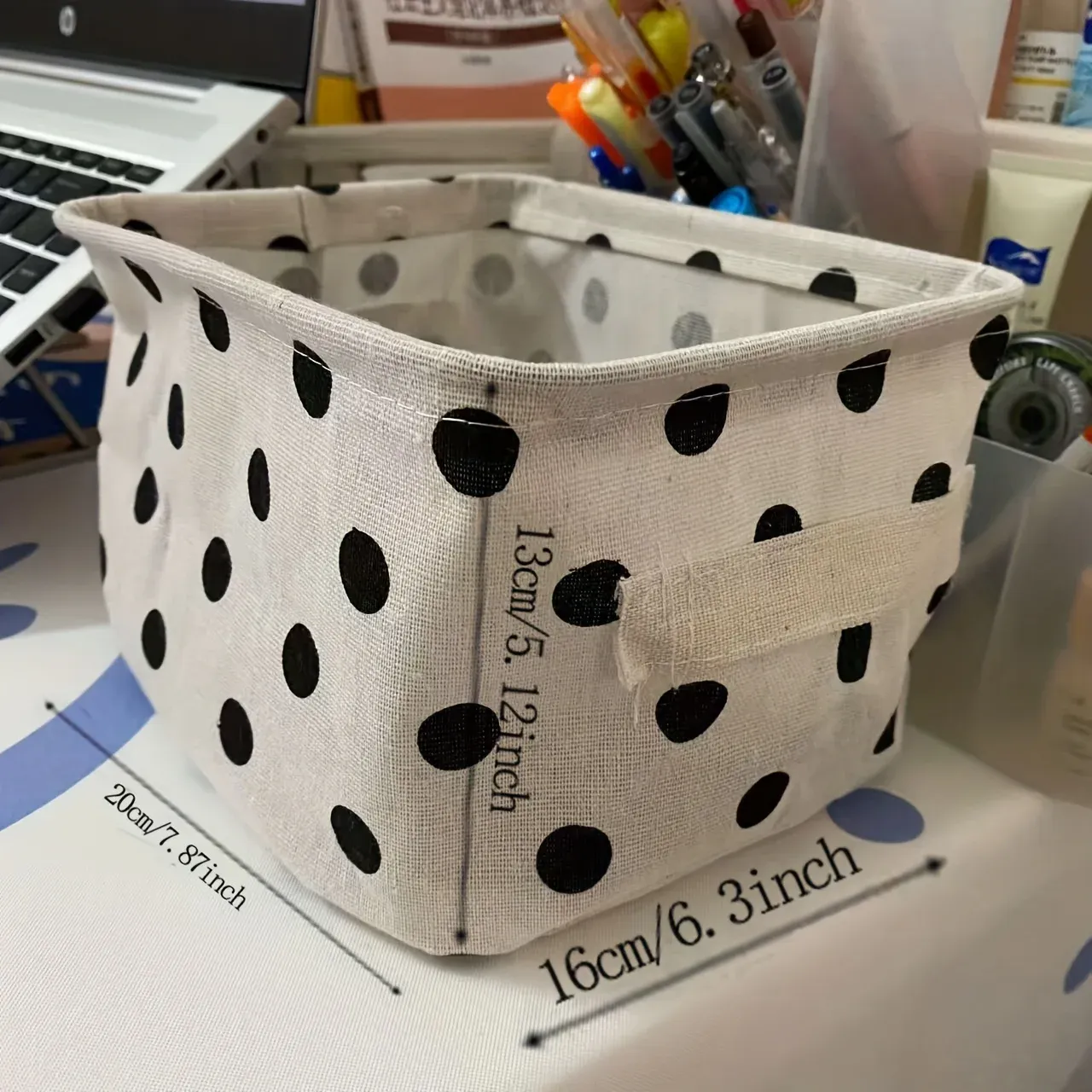 Petit panier de rangement pliable en toile avec poignée, boîte de bureau en coton et lin 6