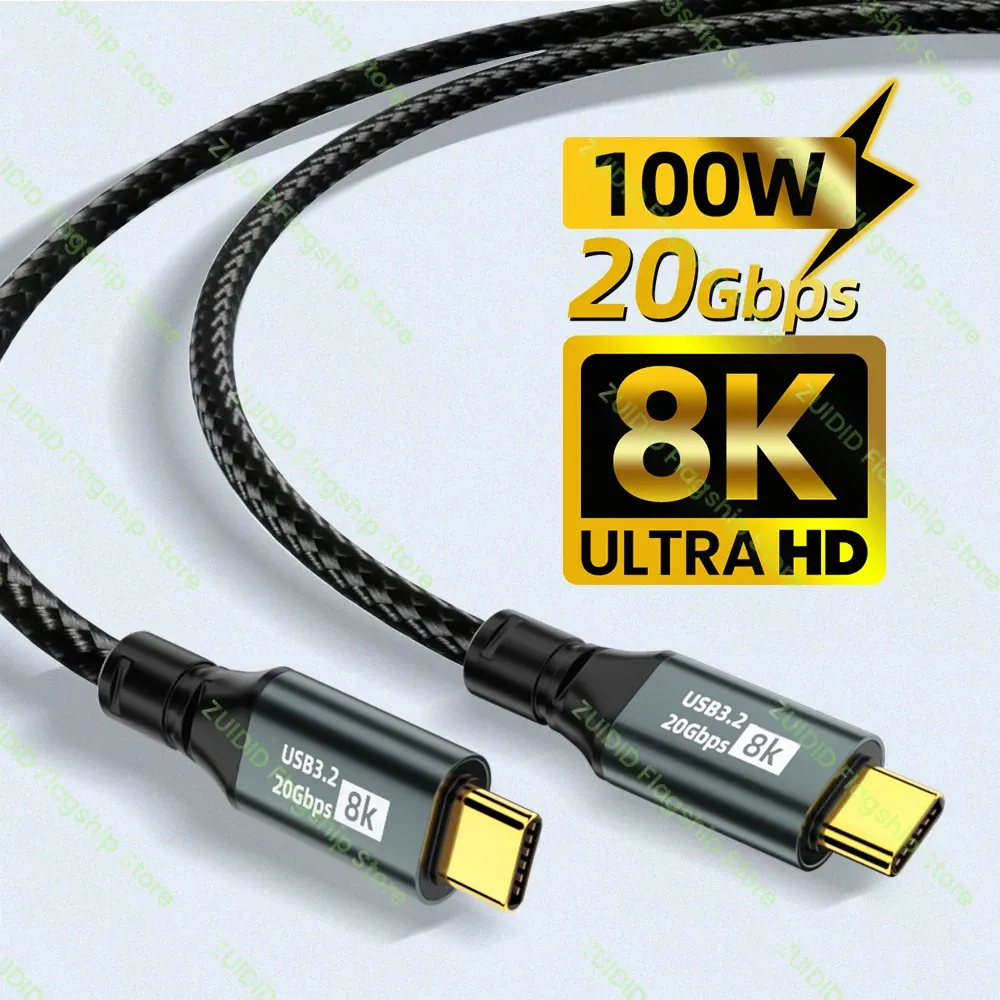 Câble USB-C vers USB-C PD 100W, USB 3.2 20 Gbps, compatible Thunderbolt 3, 8K @ 60Hz, pour iPhone 15 Pro Max, MacBook et Samsung, 2 m / 3 m