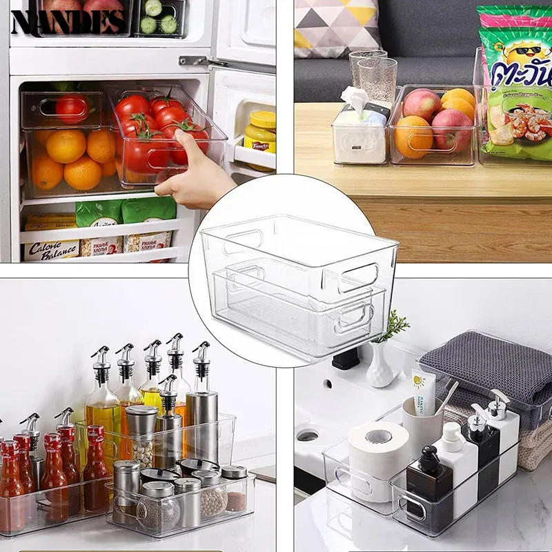 Bac de rangement empilable pour réfrigérateur avec poignée, en plastique transparent 5