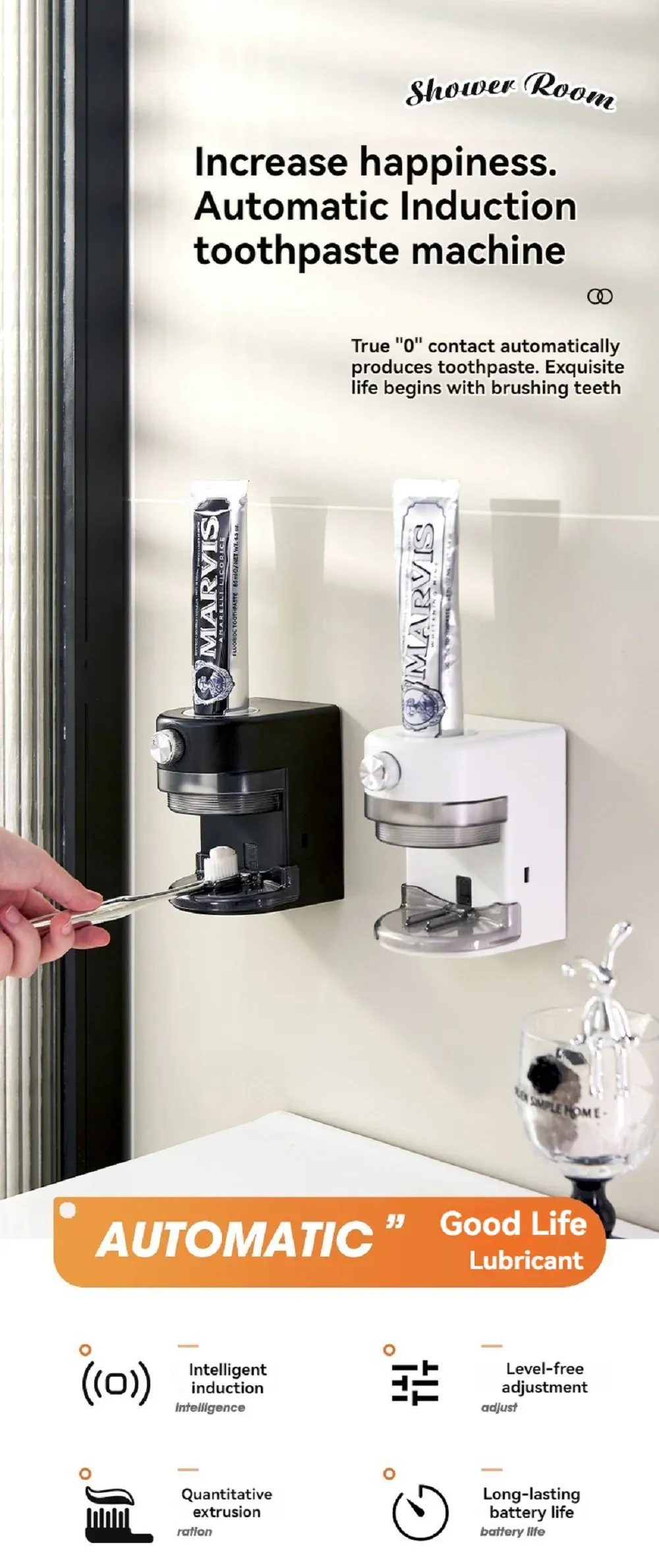 Distributeur de dentifrice à induction en situation dans une salle de bain