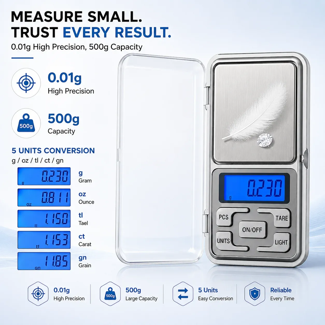 Mini balance de poche haute précision 500 g / 0,01 g, balance numérique portable pour bijoux, petit appareil de pesée LCD précis et facile à transporter 3