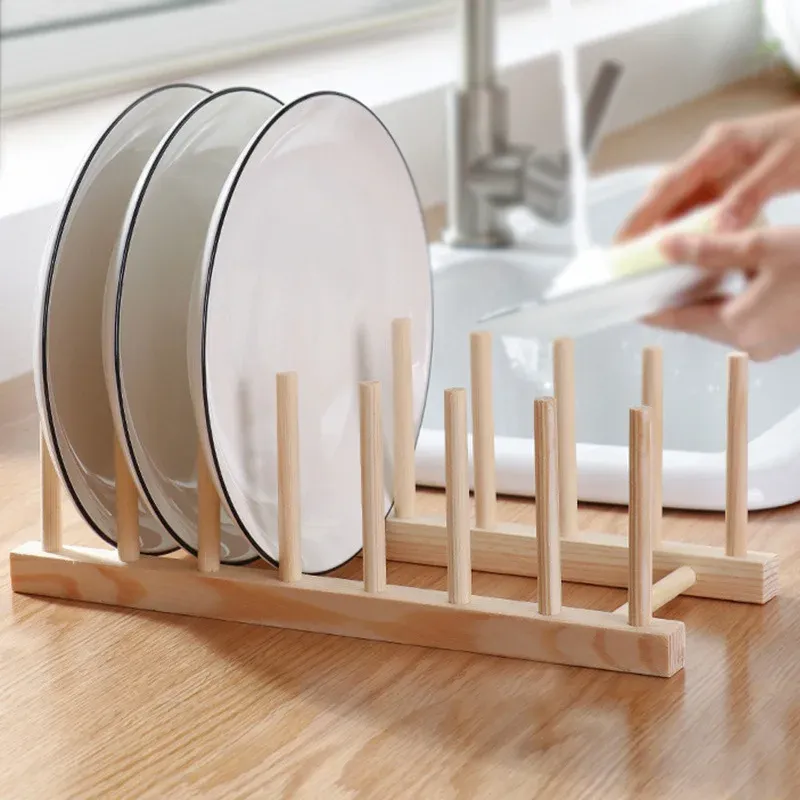 Support de rangement pour assiettes en bois multifonctionnel, pour tasses, couvercles de casseroles et égouttoir, organisateur de cuisine 3