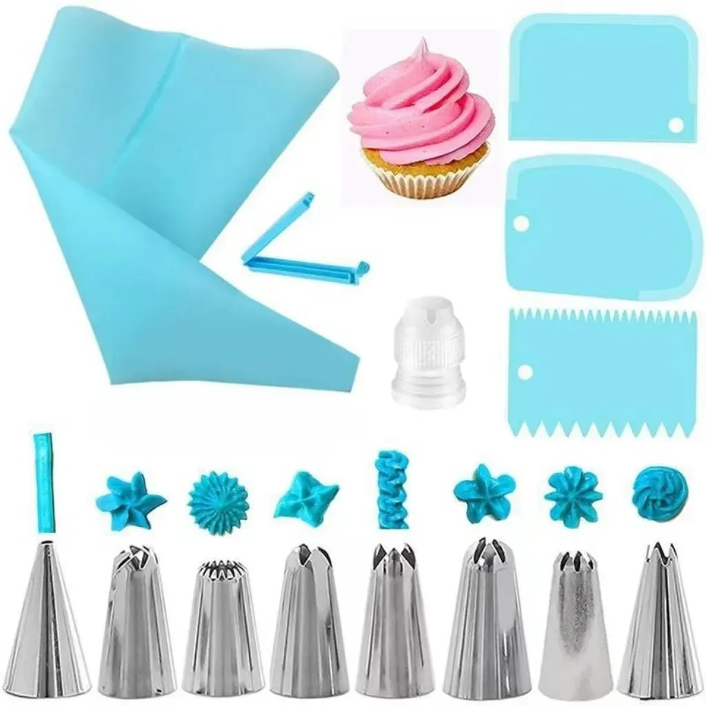 Poches à douille en silicone réutilisables avec embouts en acier inoxydable, kit de décoration de gâteaux 11