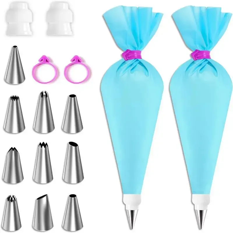 Poches à douille en silicone réutilisables avec embouts en acier inoxydable, kit de décoration de gâteaux 16
