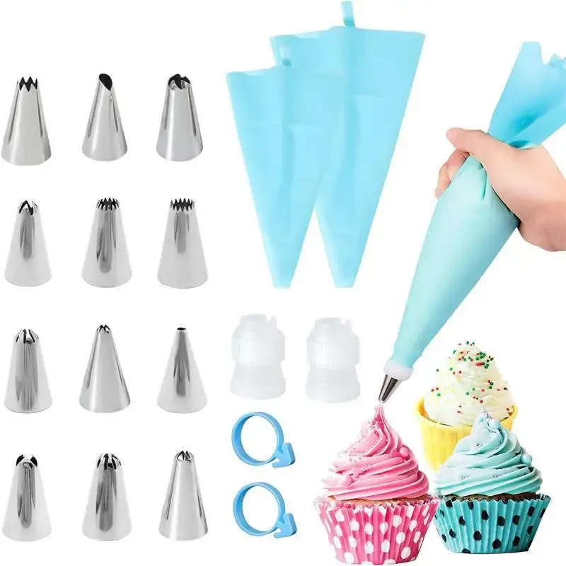 Poches à douille en silicone réutilisables avec embouts en acier inoxydable, kit de décoration de gâteaux 15
