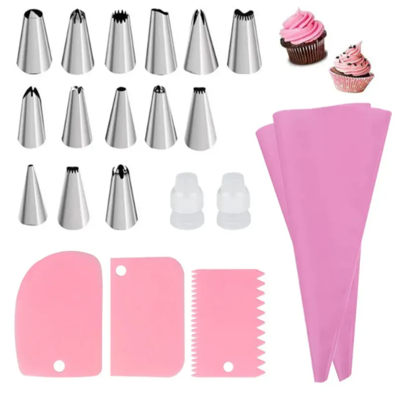 Poches à douille en silicone réutilisables avec embouts en acier inoxydable, kit de décoration de gâteaux 14