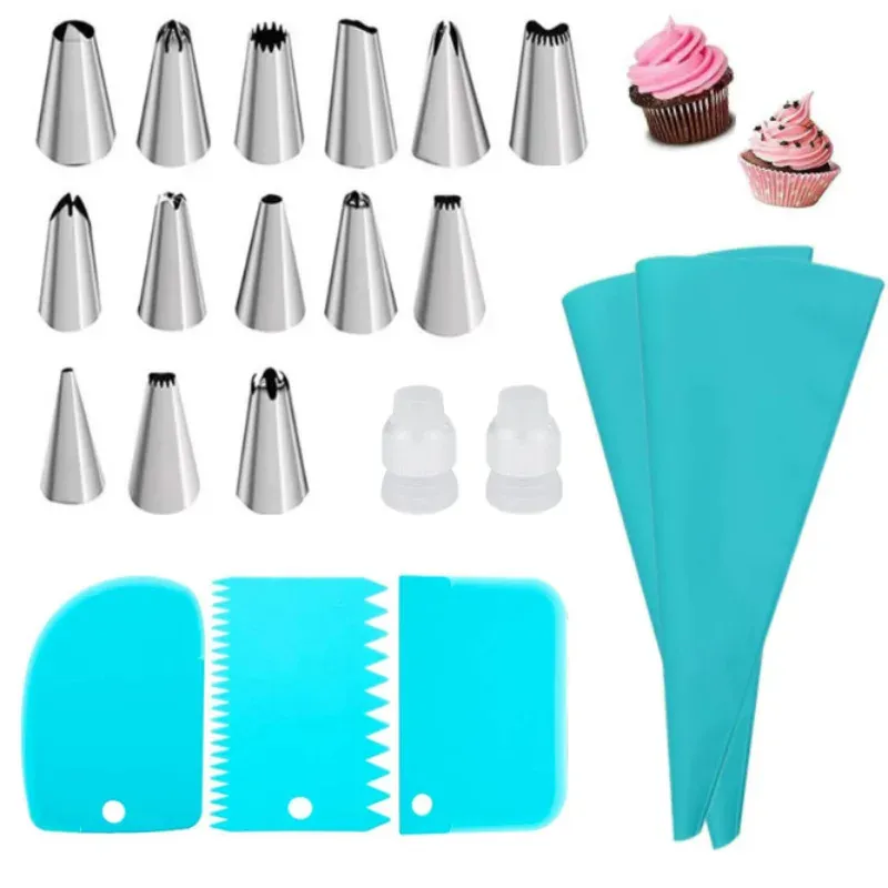 Poches à douille en silicone réutilisables avec embouts en acier inoxydable, kit de décoration de gâteaux 13