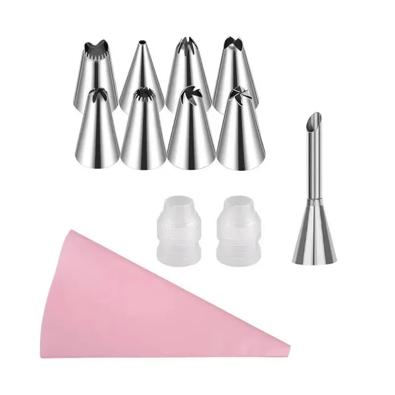 Poches à douille en silicone réutilisables avec embouts en acier inoxydable, kit de décoration de gâteaux 10