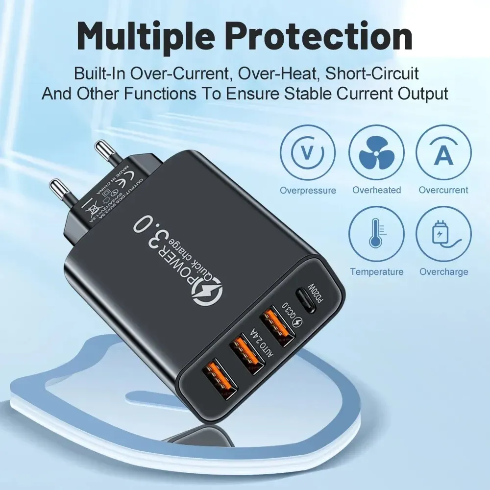 Chargeur mural multi-ports 20 W avec USB-C Power Delivery, compatible smartphones Xiaomi, iPhone et Samsung 3
