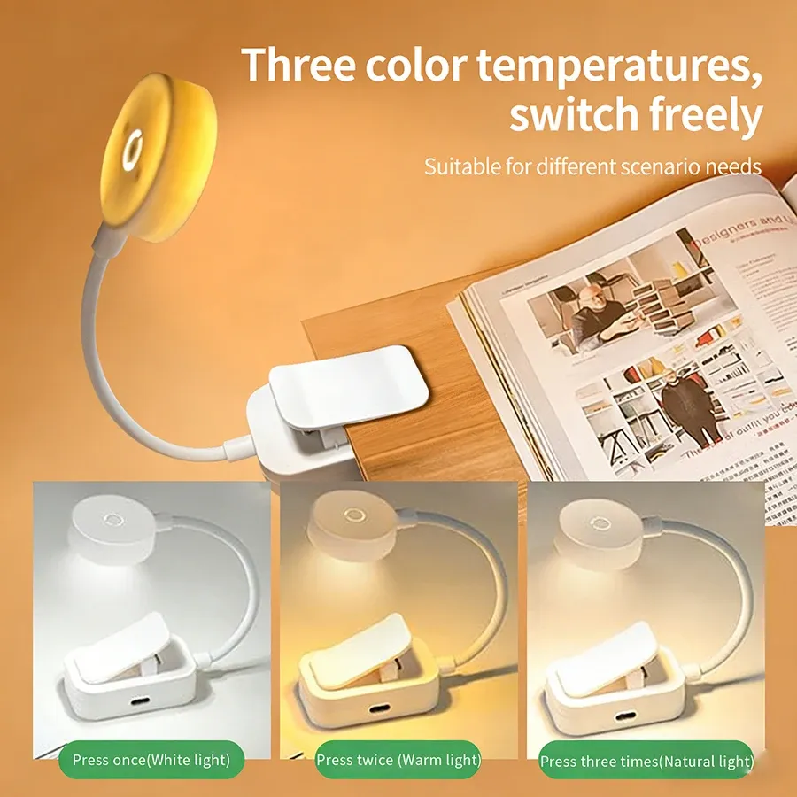 Lampe de lecture LED rechargeable à pince, luminosité réglable 3