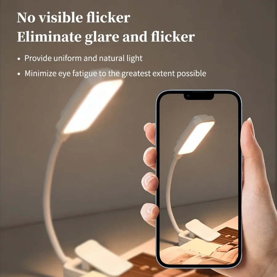 Lampe de lecture LED rechargeable à pince, luminosité réglable 2