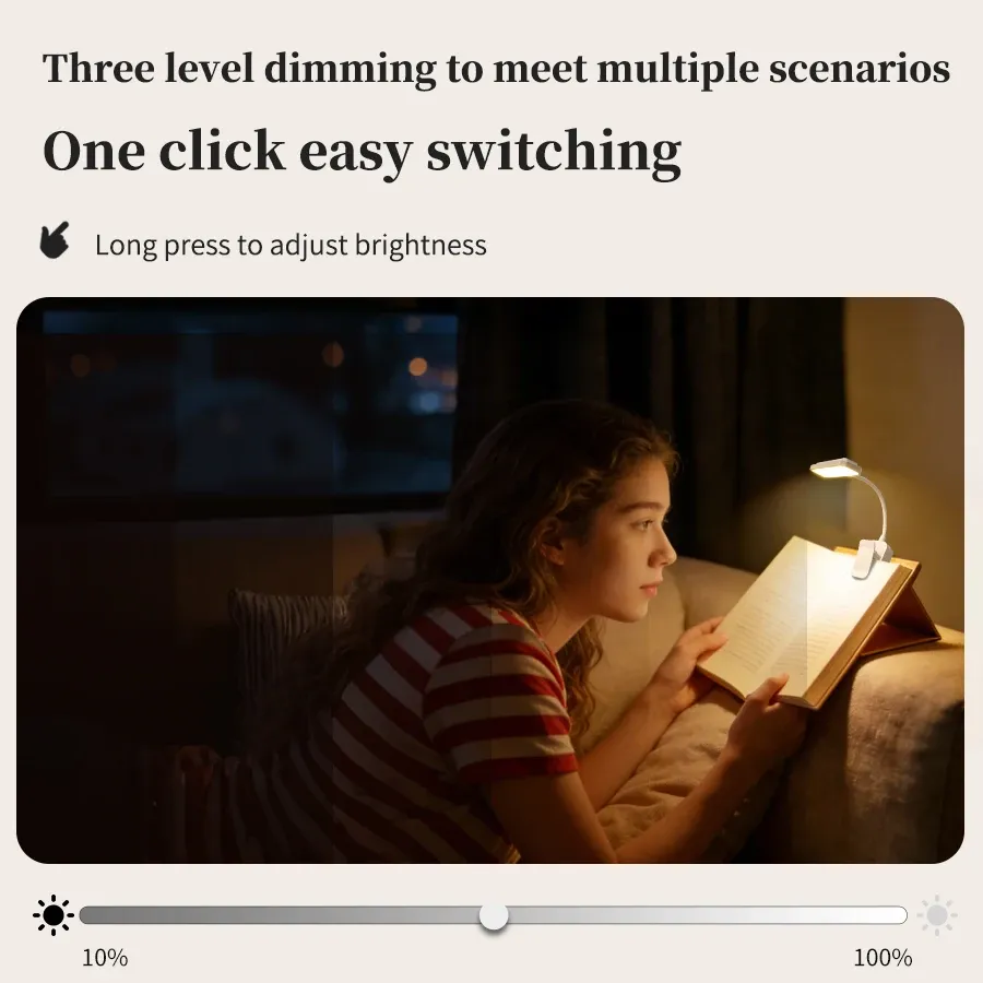 Lampe de lecture LED rechargeable à pince, luminosité réglable 4