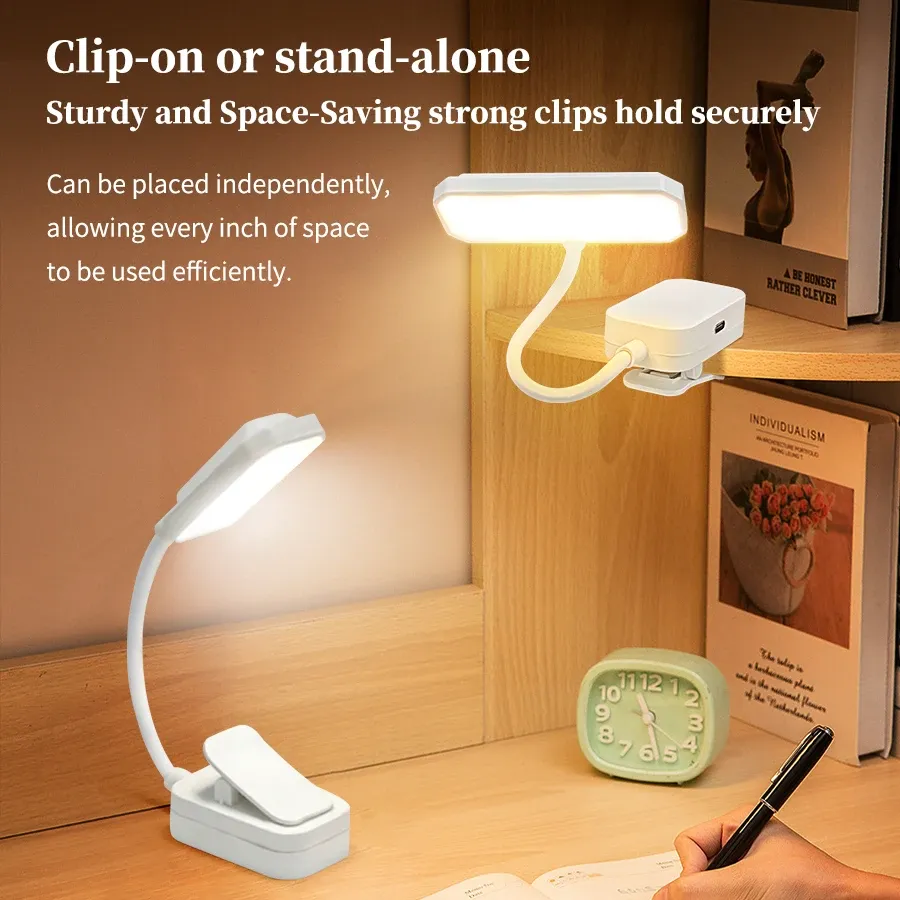 Lampe de lecture LED rechargeable à pince, luminosité réglable 6
