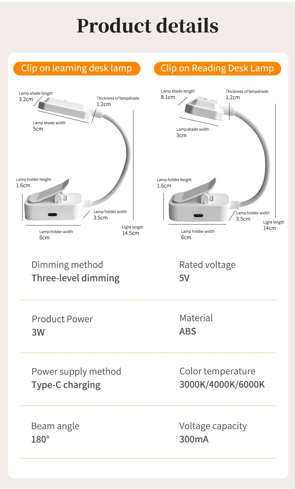 Lampe de lecture LED, finitions