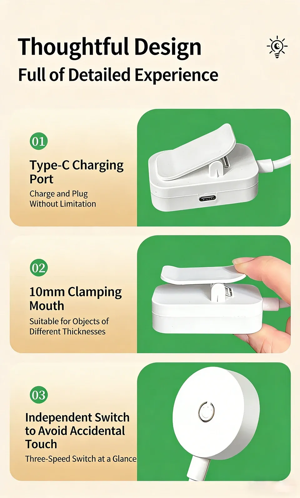 Lampe de lecture LED, détail du clip