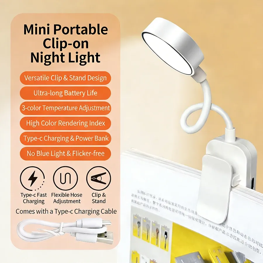 Lampe de lecture LED rechargeable à pince, luminosité réglable 10