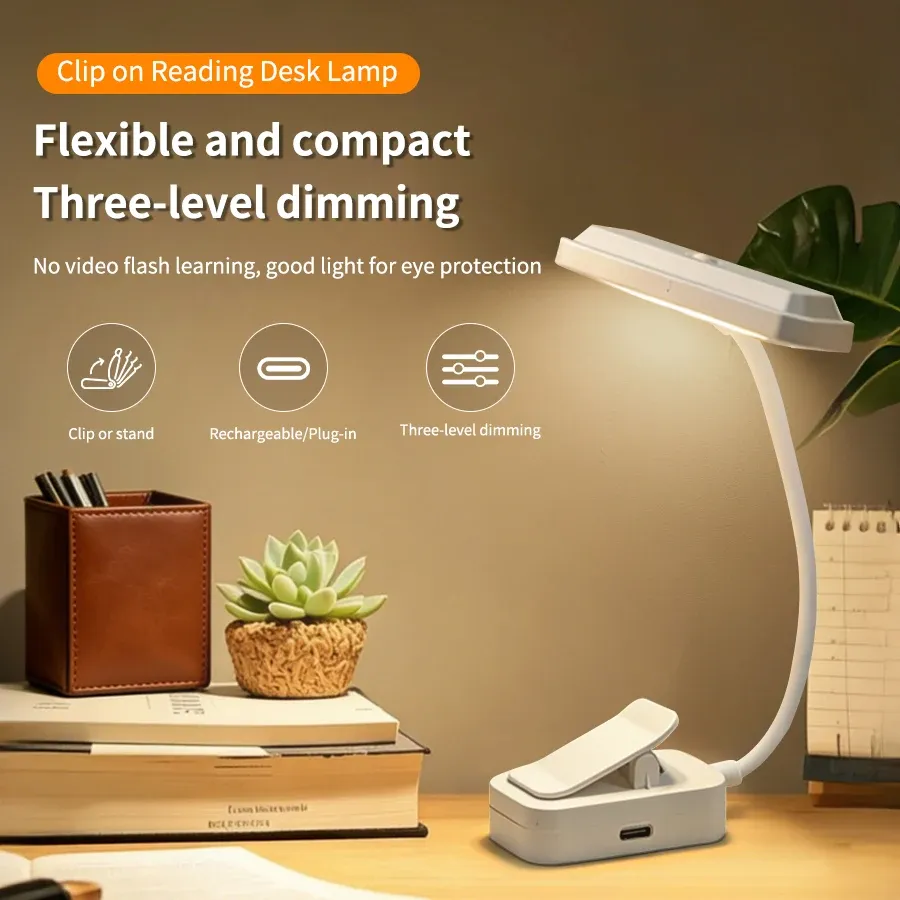 Lampe de lecture LED rechargeable à pince, luminosité réglable 8