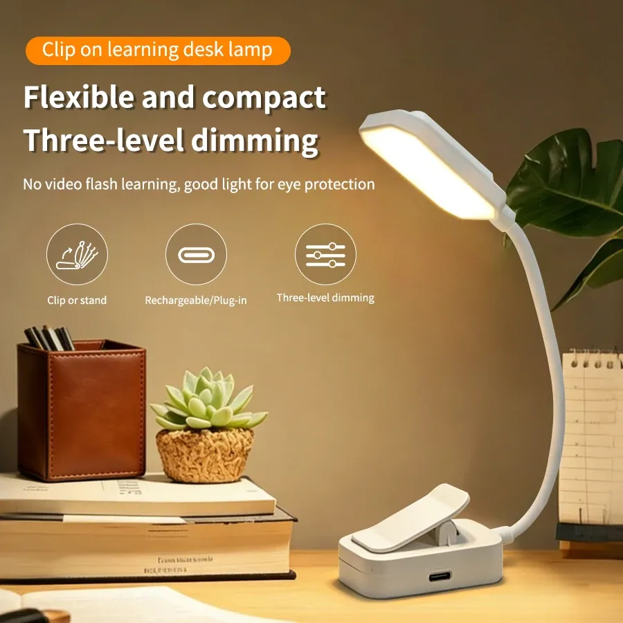 Lampe de lecture LED rechargeable à pince, luminosité réglable 9