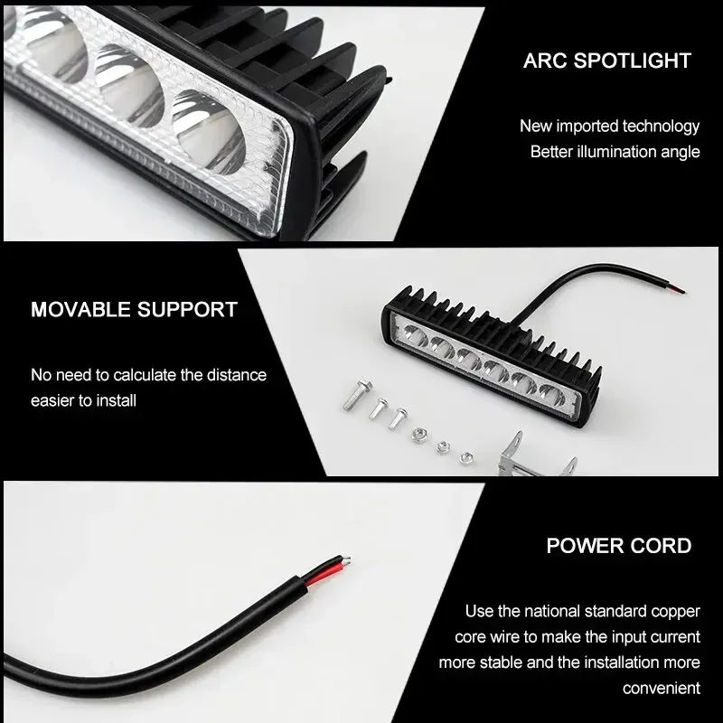 Phare de travail universel pour voiture, haute luminosité et budget maîtrisé, pour véhicules tout-terrain et camions, feu antibrouillard et feu de conduite DRL, 18 W, 6 LED, 12 V 4