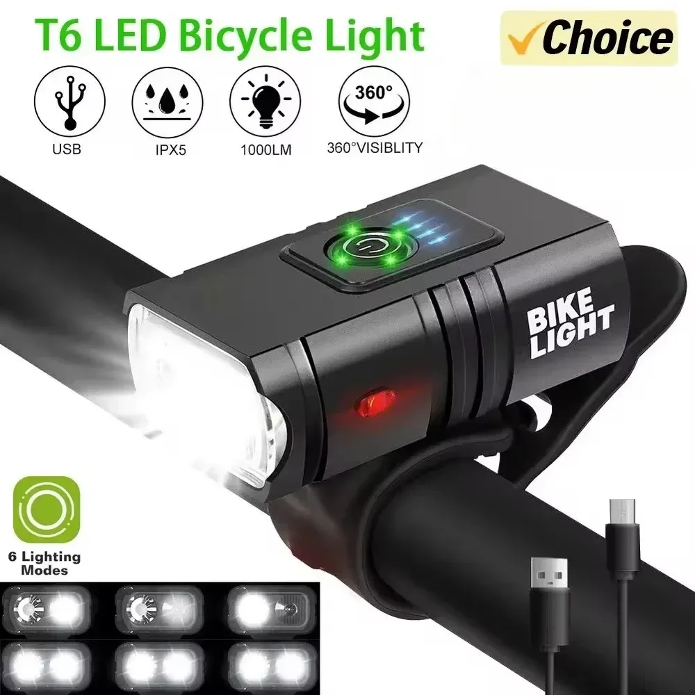 Lampe avant de vélo LED T6 rechargeable par USB, 1000 lumens, pour VTT et vélo de route, phare cyclisme compact - Image 1