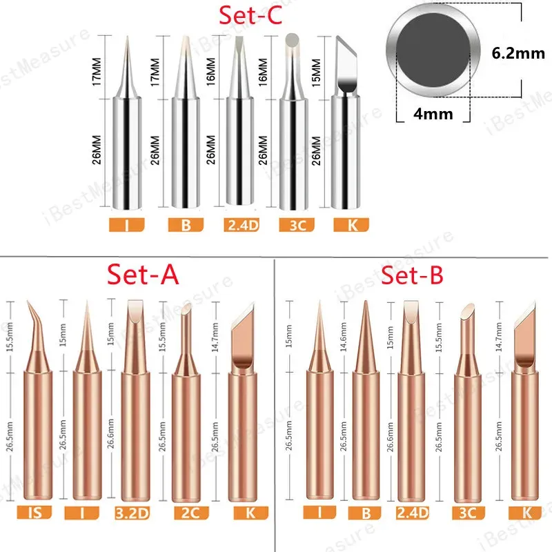 Panne de fer à souder en cuivre pur 900M-T, lot de 5, pointes sans plomb, tête de soudage, outils de soudage BGA, fer à marquer 6