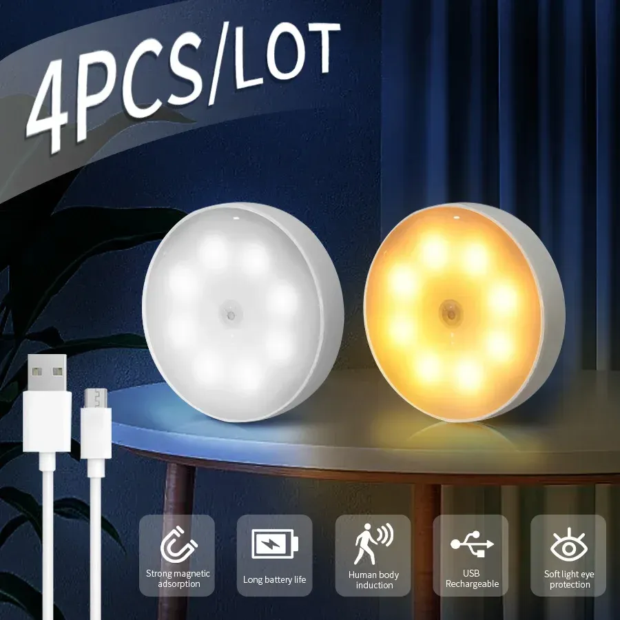 Détecteur de mouvement rechargeable à LED, lot de 1, 2 ou 4 pièces, veilleuse décorative pour mur, chambre, placards de cuisine et chambre d'enfant