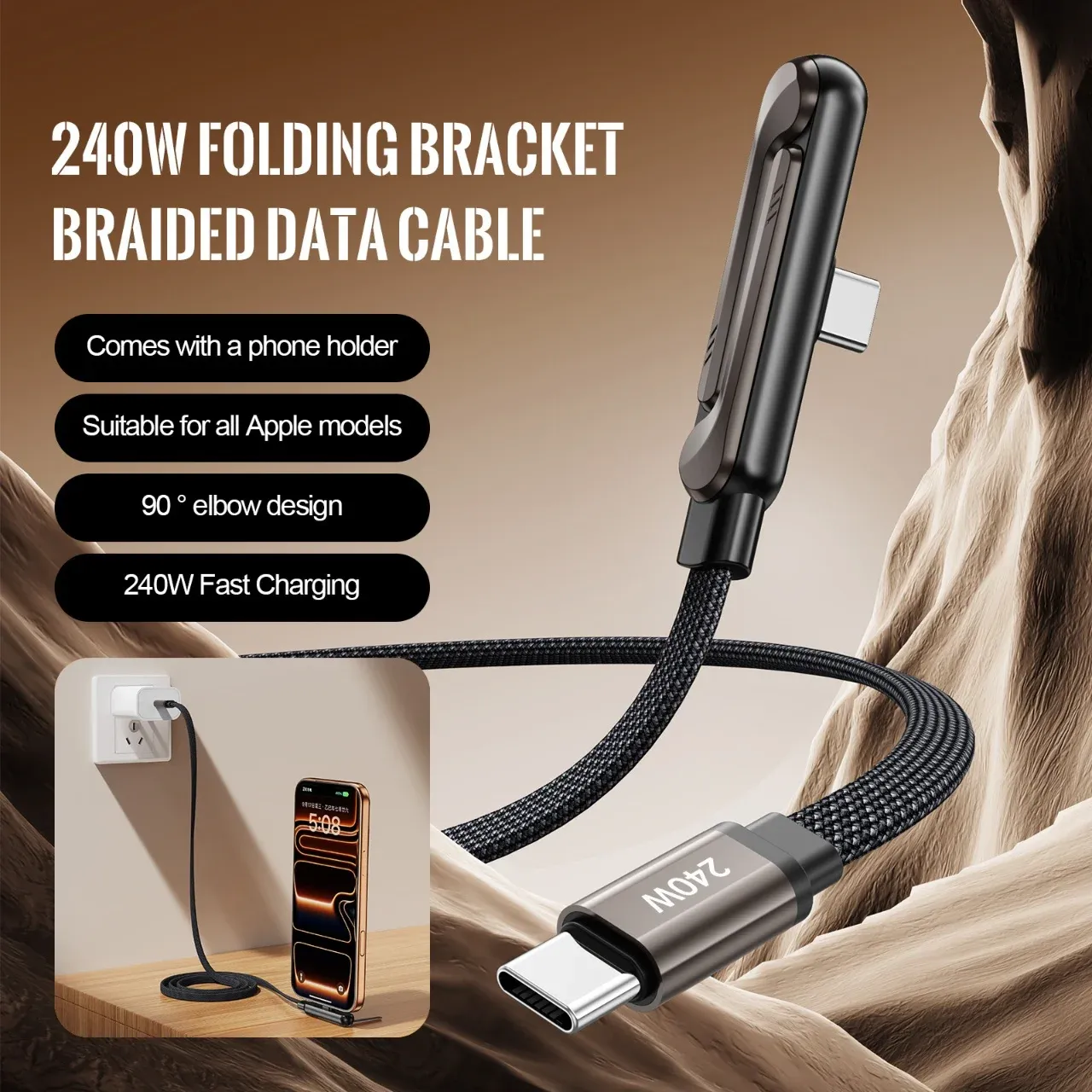 Câble de charge rapide PD 240 W USB-C vers USB-C avec support pliable pour téléphone, compatible iPhone 15, Xiaomi et Huawei 2